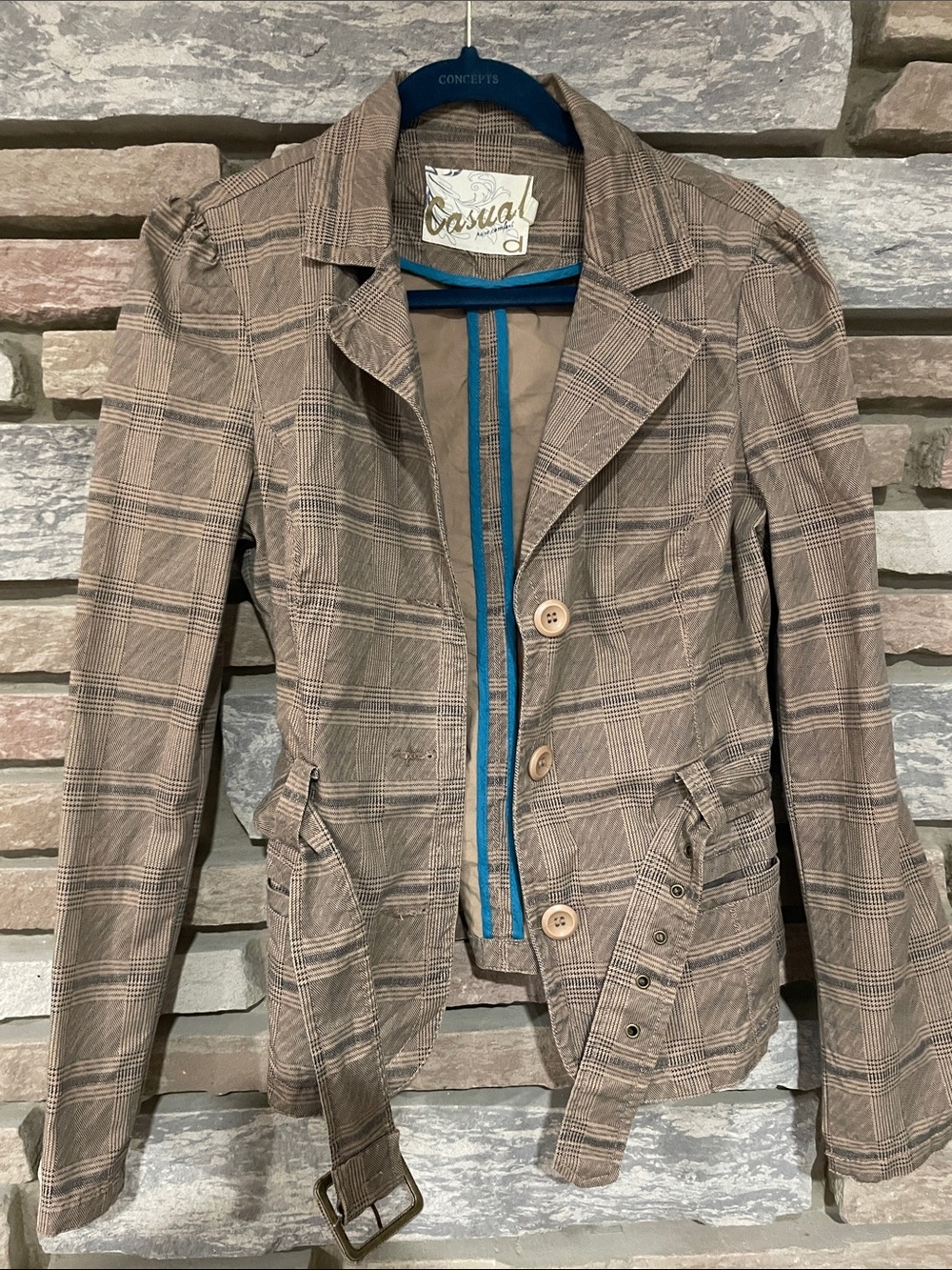 Plaid Belted Kids Jacket - Brown